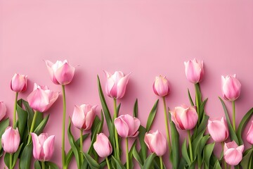 Fototapeta premium Pink tulips on pink background, flat lay banner with copy space, top view. Happy Mother's Day concept. Flat lay banner of pastel color tulip flowers and leaves for spring or woman day celebration.
