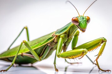 Large green praying mantis perches elegantly on a pure white background, displaying intricate textures and vibrant coloration in a stunning close-up wildlife portrait.