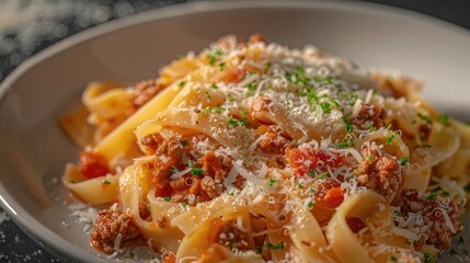 Delicious plate of pasta Bolognese topped with fresh parsley and grated Parmesan cheese, served in a warm, inviting setting.