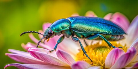 Vibrant blue beetle perched on soft pink petals of a delicate flower, with intricate details and natural textures, set against a blurred green background.