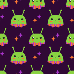 Seamless pattern with a cute caterpillar with a bow tie with stars on a background. Vector illustration in flat style.