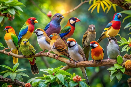 Vibrant close-up of diverse bird species, including parrots, finches, and sparrows, perched on a lush tree branch, showcasing avian variety in thriving natural habitats.