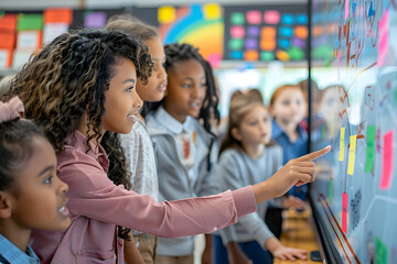 Diverse multiethnic group of students engaged in a collaborative learning activity, using interactive technology in a vibrant, inclusive classroom environment