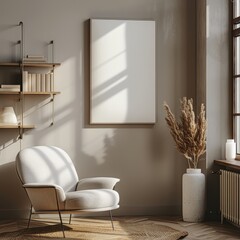 3d render mockup of A white chair is sitting in front of a white wall with a white framed picture