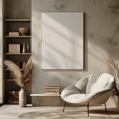 3d render mockup of A white framed picture hangs on a wall in a room with a white chair