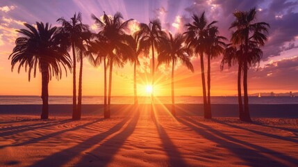 The sun setting behind a row of palm trees