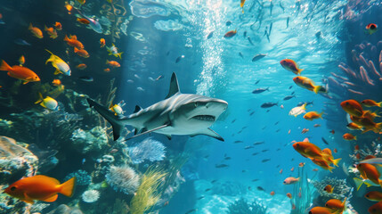 Fototapeta premium Underwater scene of a shark and numerous small fishes in a tropical ocean