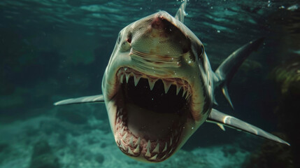 Fototapeta premium Underwater shot of a shark's open mouth with numerous teeth, swimming towards the camera
