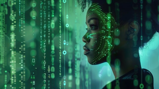 black woman female IT specialist face with artificial intelligence green virtual code