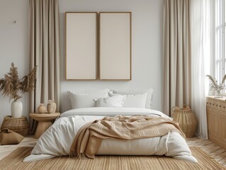 3d render mockup of A bedroom with a white bed and a white blanket