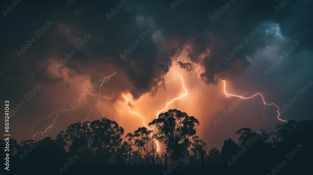 Poster lightning illuminating a silhouette of trees against a stormy sky, capturing the power of nature.