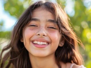 Fototapeta premium A smiling young girl with freckles looks directly at the camera