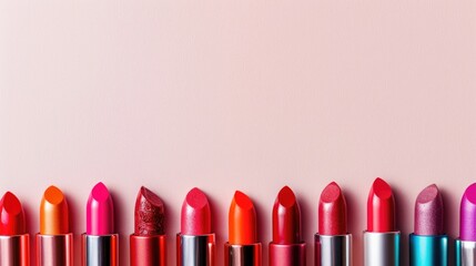 Obraz premium Colorful lipsticks against blank backdrop for text placement