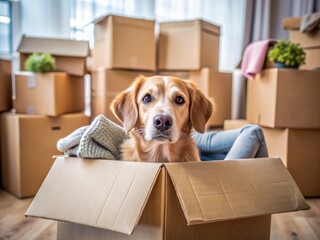 Fototapeta premium Adorable dog peeking out of cardboard box amidst scattered packing materials, symbolizing excitement and chaos of family relocation to a new home.