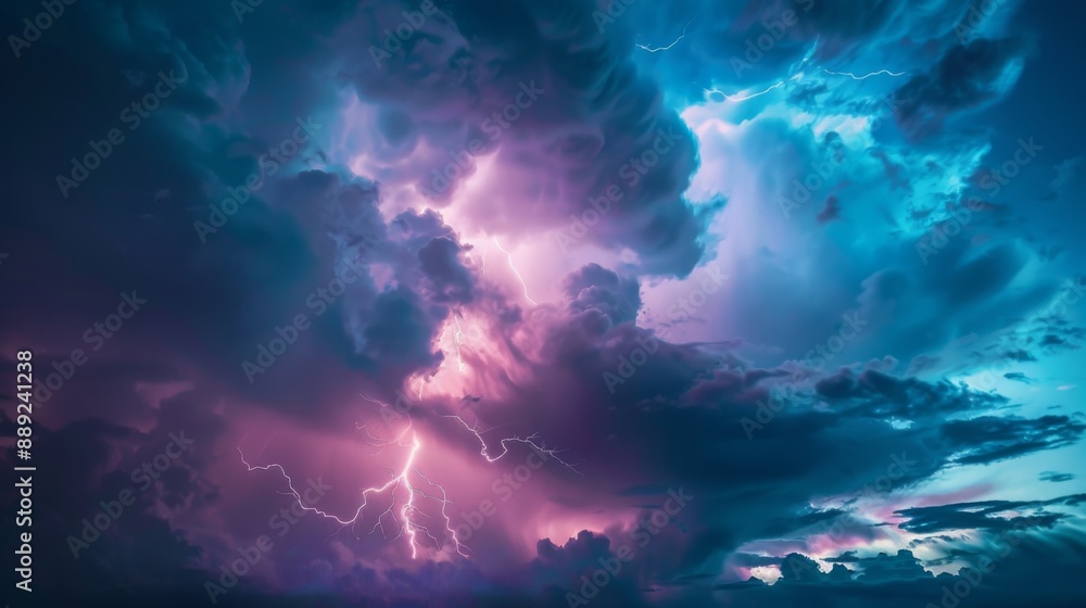 Poster lightning striking across a dramatic cloudy sky during a thunderstorm at dusk.