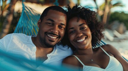 happy young couple in hammok at beach enjoing summer sun