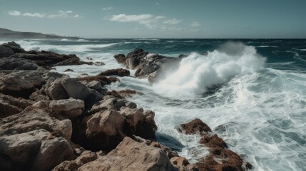 Fototapeta premium Dramatic Waves Crashing Against Rocky Shore
