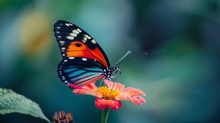 Naklejka premium Macro shot of a butterfly perched on a flower, showcasing its vibrant colors and delicate wings.