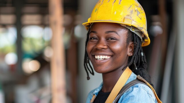 smiling black african woman, female construction bulder portrait with yellow hardhat