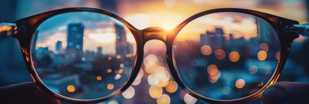 view throught glasses over skyline at sunset