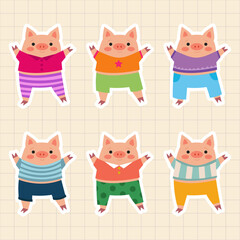 A set of stickers of six pigs in different colorful clothes on a checkered background, background with notebook. Colorful cartoon character. Vector illustration in flat style.
