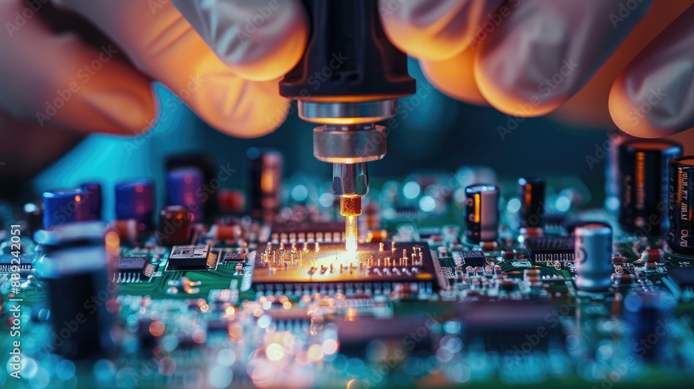 Poster close-up of electronic circuit board soldering, showcasing intricate components and precise engineer