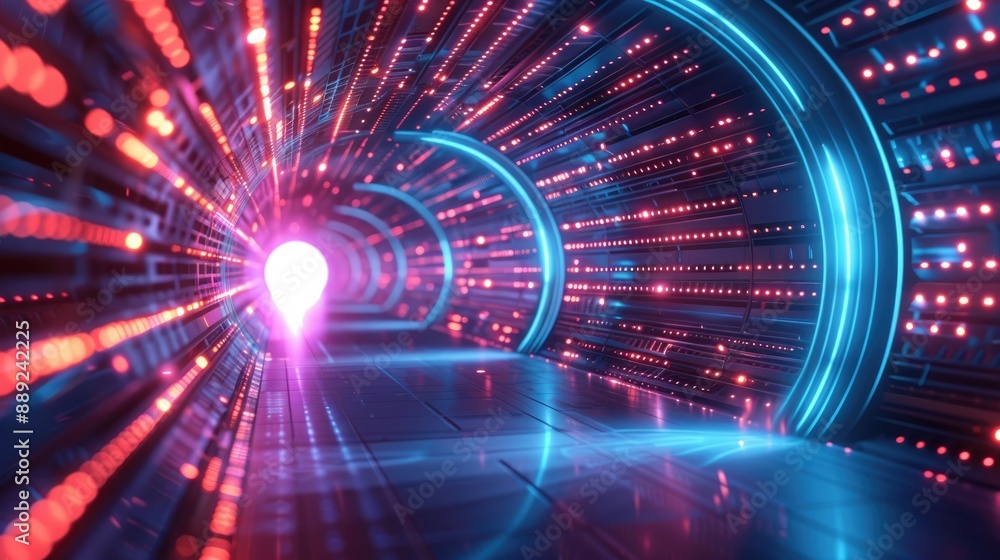 Poster futuristic neon tunnel with glowing lights, creating a high-tech, sci-fi atmosphere. perfect for tec