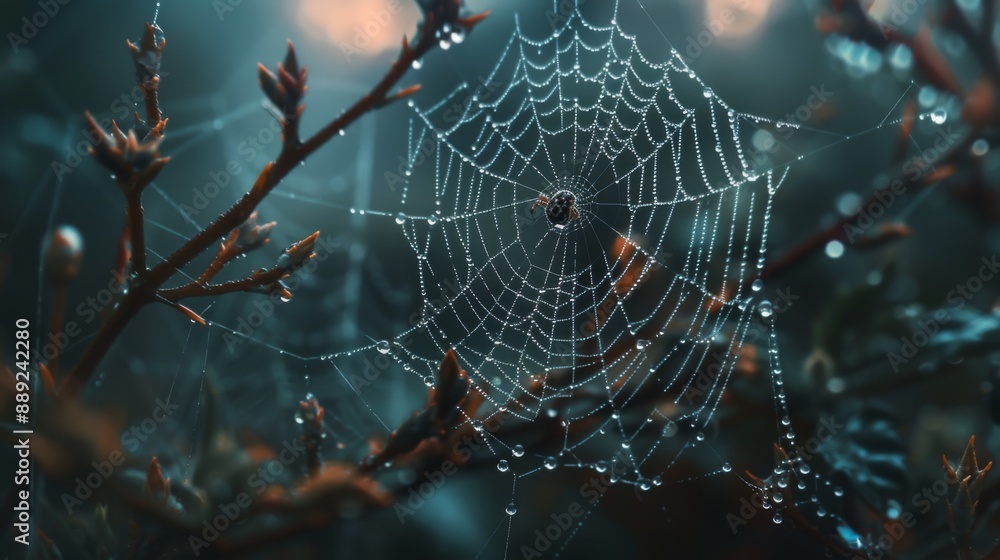 Aufkleber macro shot of a spider weaving its web between branches, with dew drops glistening on the web.