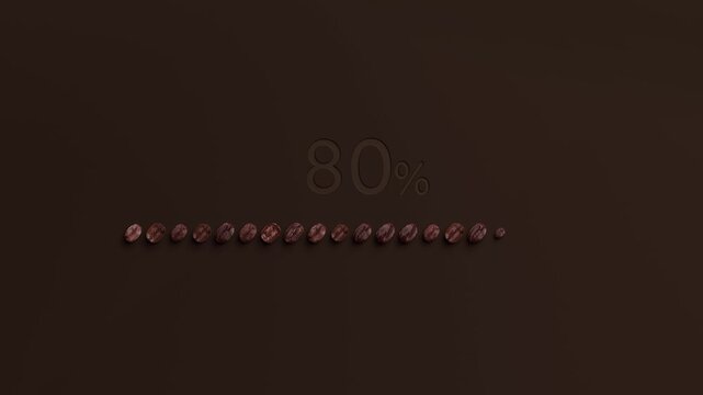 Loading bar 0-100 % 4k animation of coffee beans on brown background. Coffee bean progress bar for data upload, status info, transfer progress, installing application, loading percentage, downloading.