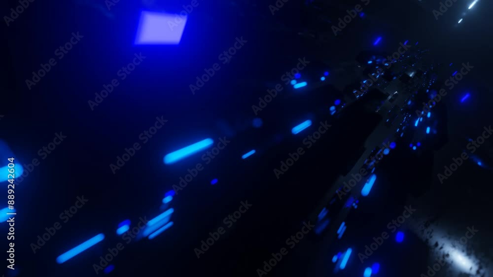 Poster blocks in air. large space. fly through technology cyberspace with blue neon glow. sci-fi flight thr