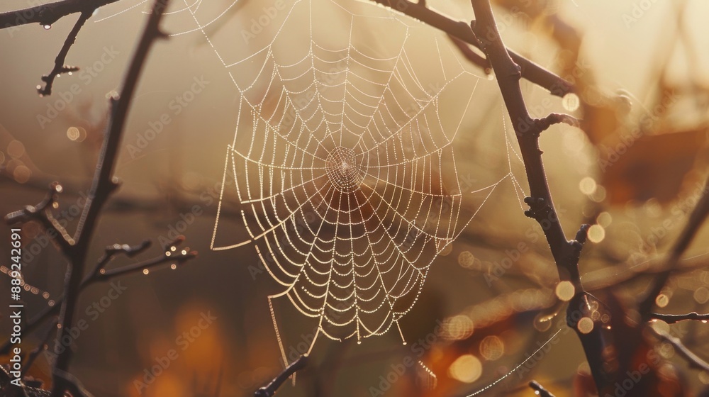Poster Macro shot of a spider weaving its web between branches, with dew drops glistening on the web.