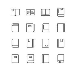 Set of book and learning icons, page, organizer, bookmark, textbook and linear variety vectors.	
