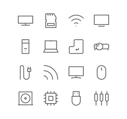 Set of computer and component icons, monitor, cable, adapter, mouse and linear variety vectors.	

