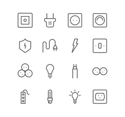 Set of electric and energy icons, cable, plug, switch, socket, bulb and linear variety vectors.	
