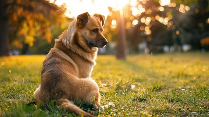 Dog sitting on grass in park on sunny day bowing head