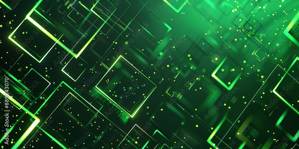 Poster a futuristic green digital abstract pattern features glowing geometric shapes and particles in an im