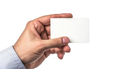 hand in business suit holding blank business card isolated on white background