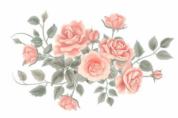 An elegant and beautiful floral design with pink roses, a vector flat icon illustration on a white background, with pastel colors in the style of clip art