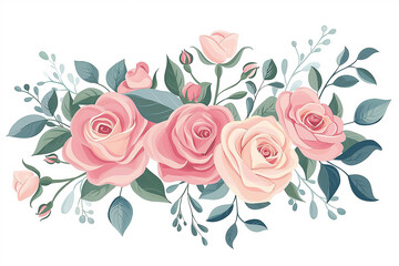 An elegant and beautiful floral design with pink roses, a vector flat icon illustration on a white background, with pastel colors in the style of clip art