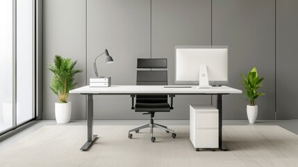 Modern minimalist office setup with a sleek white desk, ergonomic chair, desktop computer,  and potted plants in a bright, clean space.