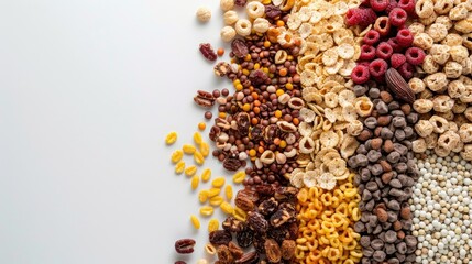 Close up of assorted cereals on a white backdrop