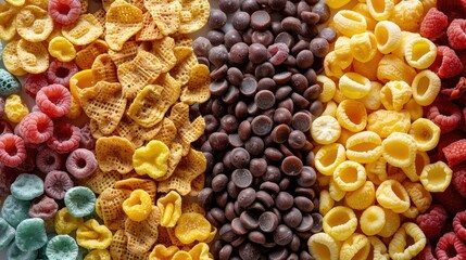 Close up of assorted cereals on a white backdrop