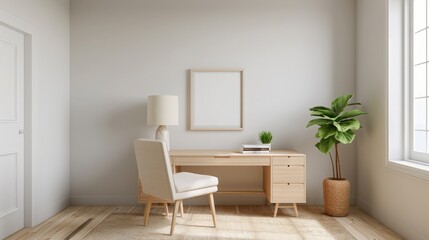 Minimalist home office with wooden desk, comfortable chair, green plant, and natural light creating a serene and productive workspace.