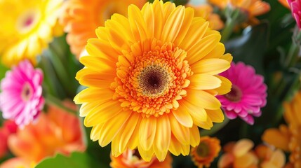 Close up of bright yellow gerbera flower in a variety of blooms