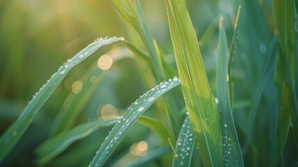 Fototapeta premium Morning dew on the leaves of a grass blade, with a soft bokeh background.