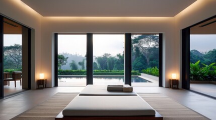 Modern minimalist living room with floor-to-ceiling windows, stunning view of nature, serene interior design, luxurious resort ambiance.