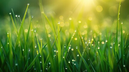 Fototapeta premium Close up of dew covered fresh green grass in a natural setting