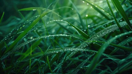 Close up of dew covered fresh green grass in a natural setting