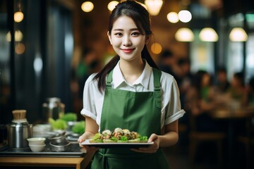 Happy asian waitress smiling while holding plate of delicious exotic food at modern restaurant