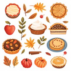 Thanksgiving pie baking clipart, cooking element, cozy colors, isolated on white background